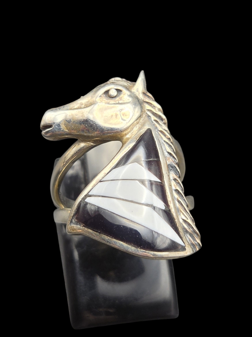 Sterling Silver Horse Head Inlay Statement Ring - Onyx and Howlite 6